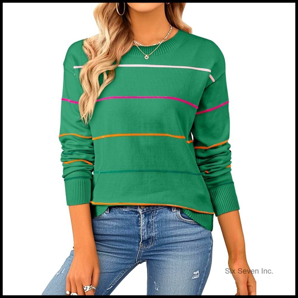 Striped Knit Sweater Crew Neck Long Sleeve Relaxed Fit Chic Fall Outfits